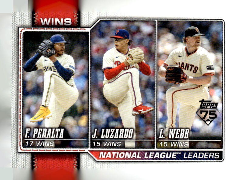 2026 Topps #117 National League Leaders Wins (Freddy Peralta / Jesús Luzardo / Logan Webb)