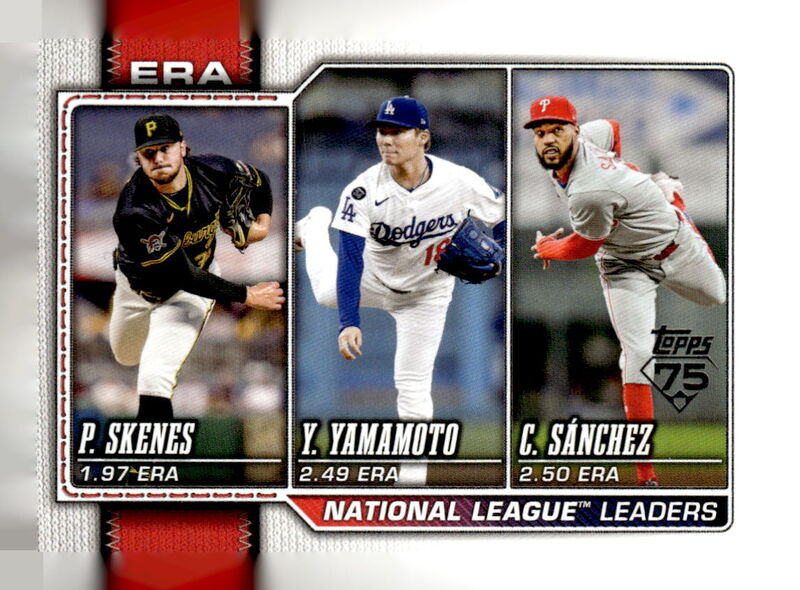 2026 Topps #203 National League Leaders ERA (Paul Skenes / Yoshinobu Yamamoto / Cristopher Sánchez)